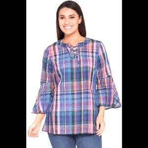 NWOT - Isaac Mizrahi Madras Plaid Blouse.